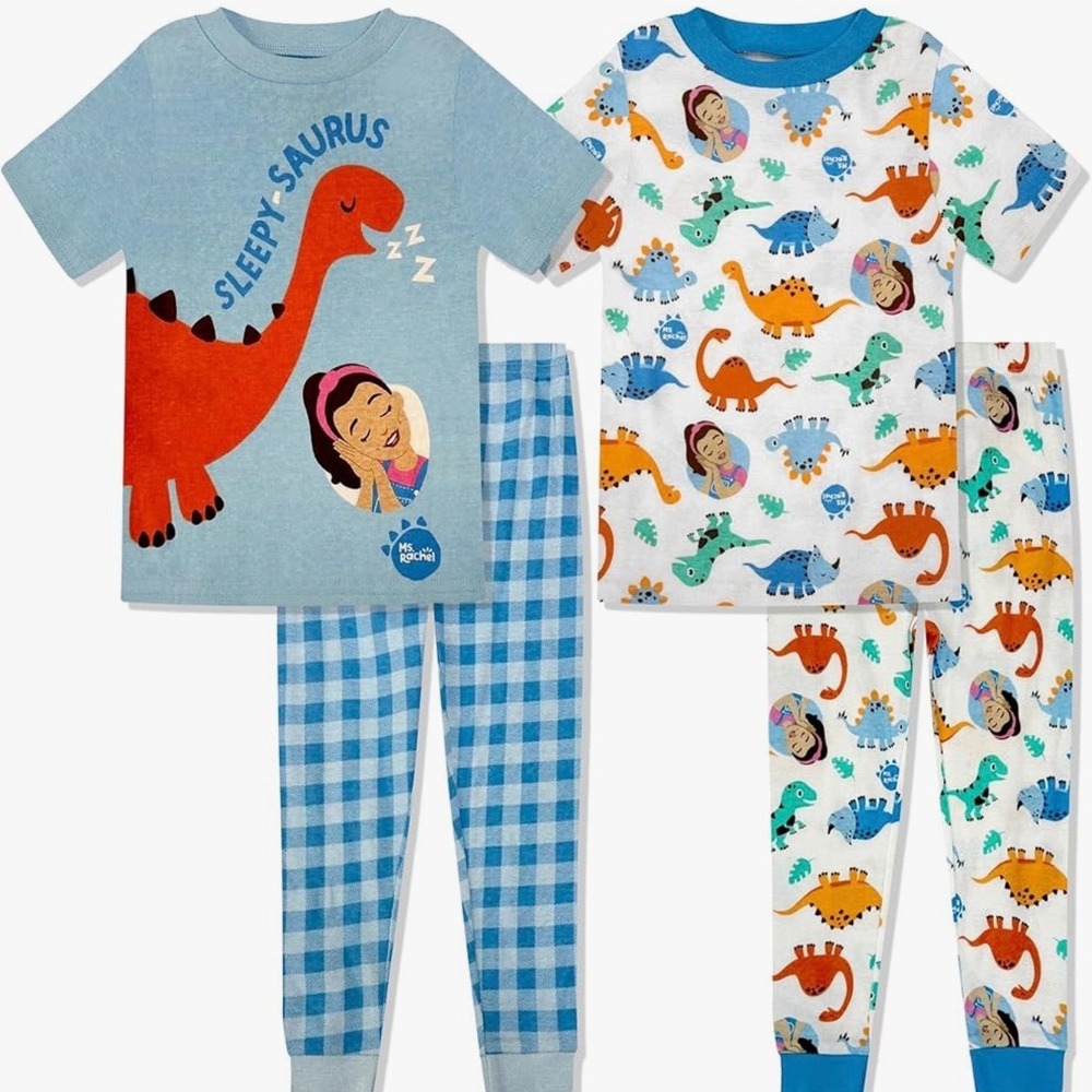 Ms. Rachel Kids 4-Piece Pajama Set Sleepy Saurus Dinosaur GinghamBlue Multicolor